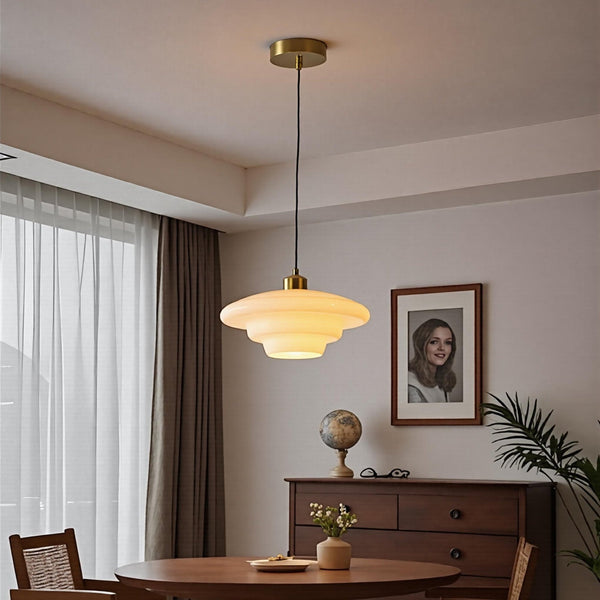 Mid-Century Milk Glass Pendant Light Opal Glass Saucer Lamp