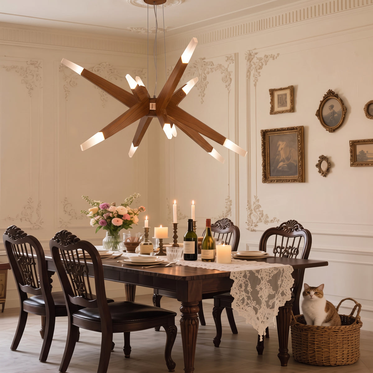 Modern Solid Wood 12-Light Sputnik Chandelier Starburst LED Pendant