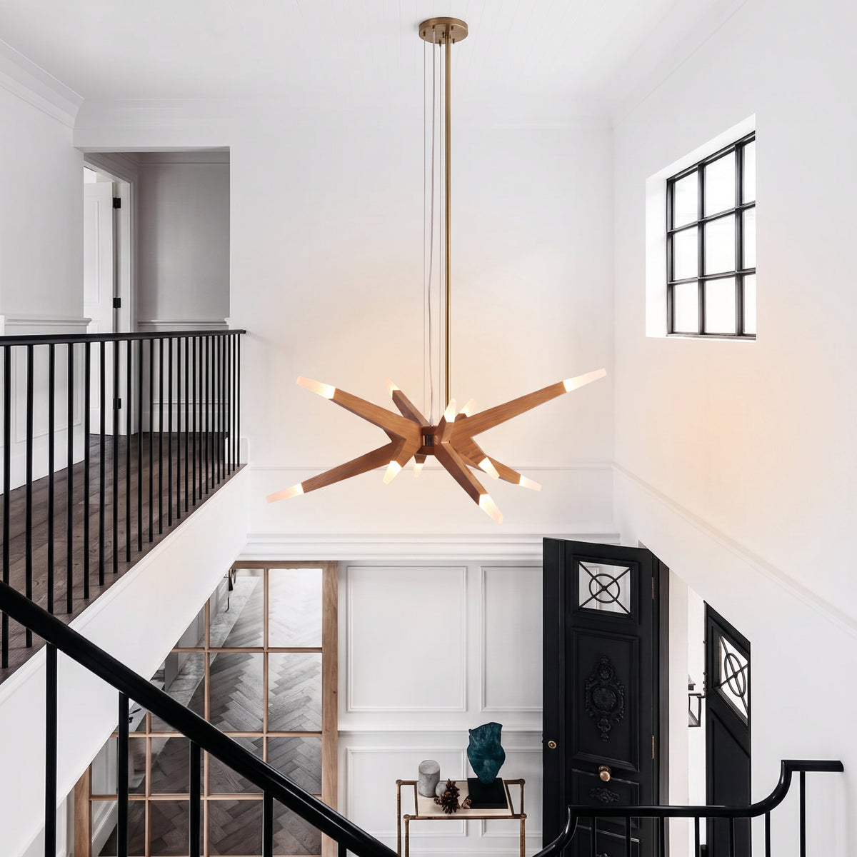Modern Solid Wood 12-Light Sputnik Chandelier Starburst LED Pendant