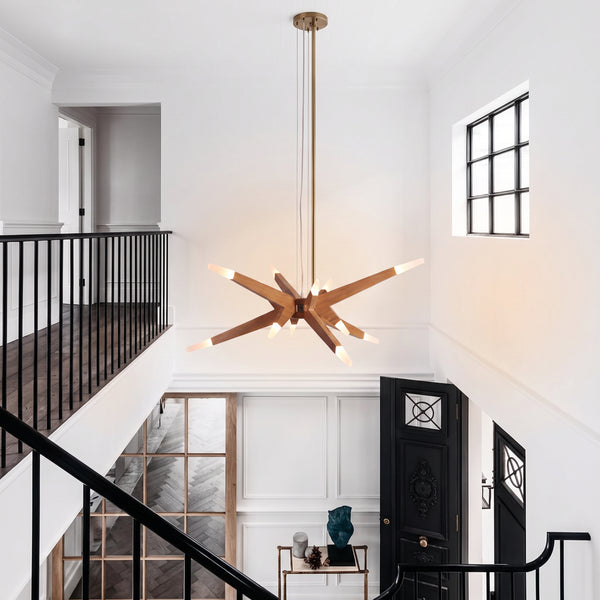 Modern Solid Wood 12-Light Sputnik Chandelier Starburst LED Pendant