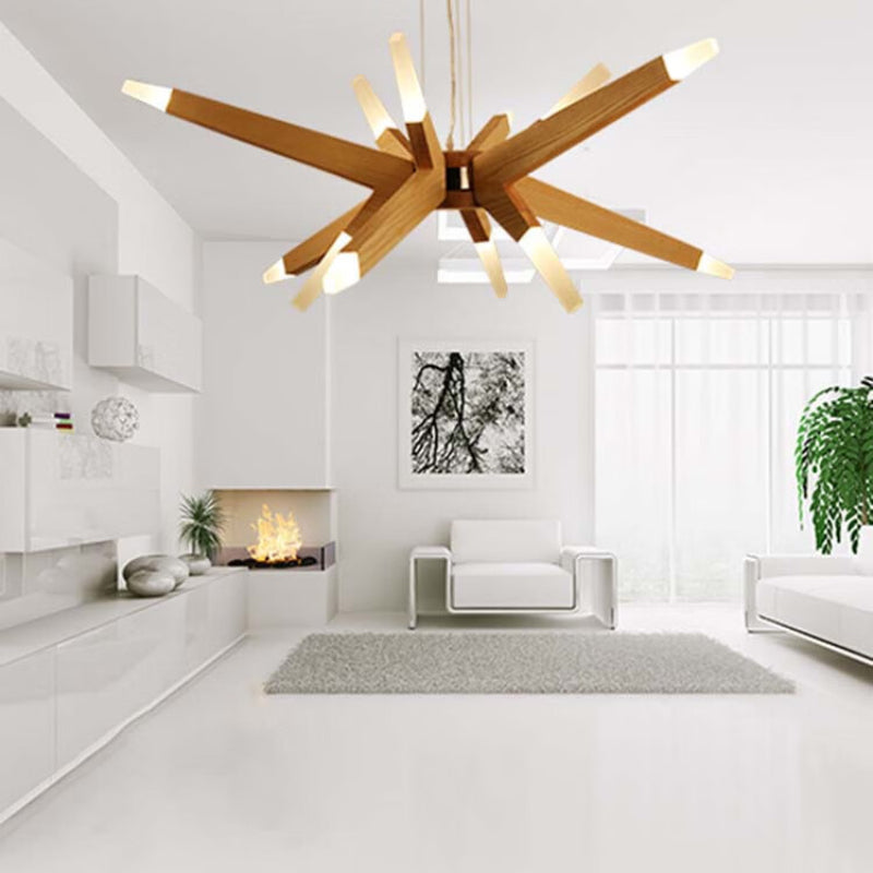 Modern Solid Wood 12-Light Sputnik Chandelier Starburst LED Pendant