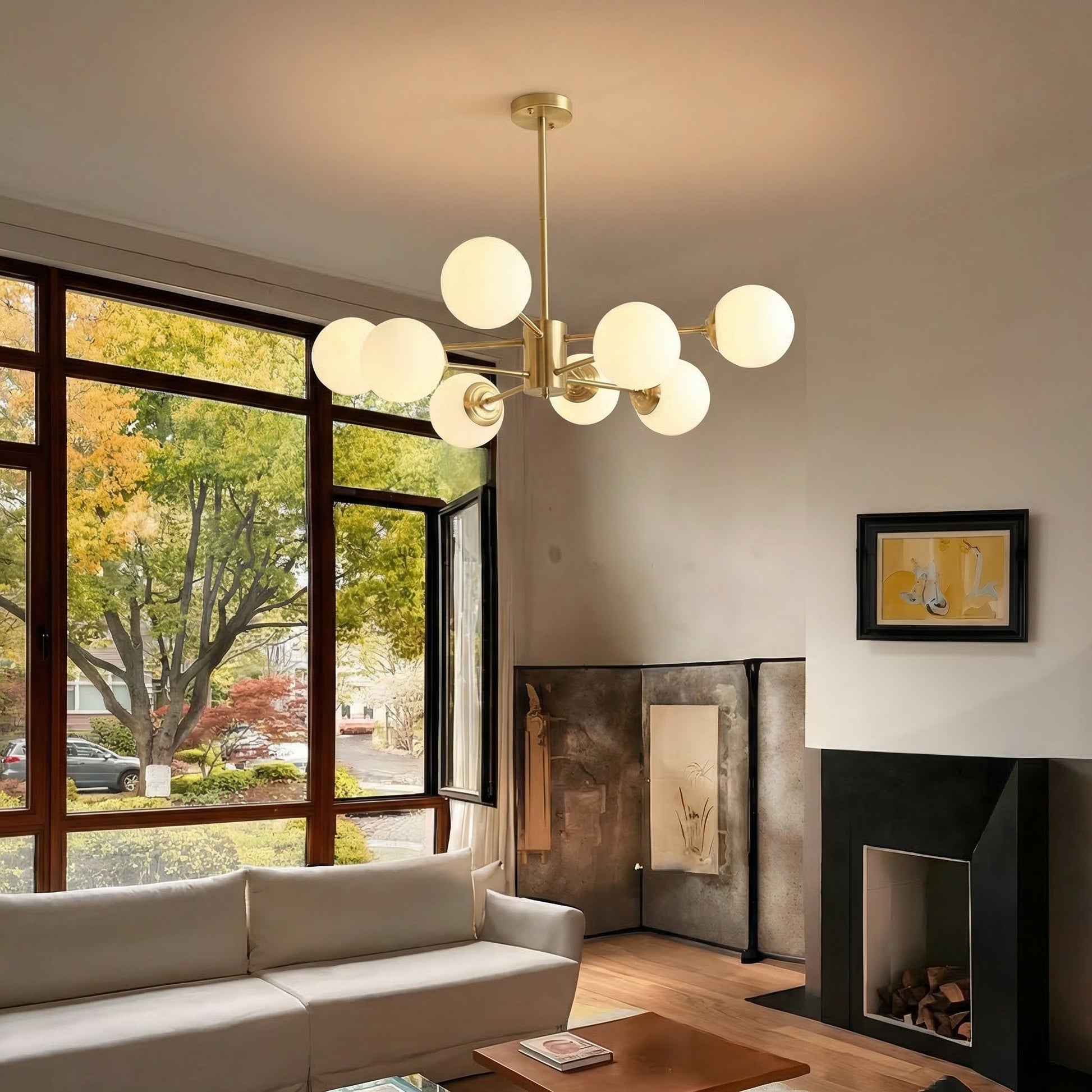 Large 8-Light Modern Brass Sputnik Chandelier Opal Globe Lamp Secondary image