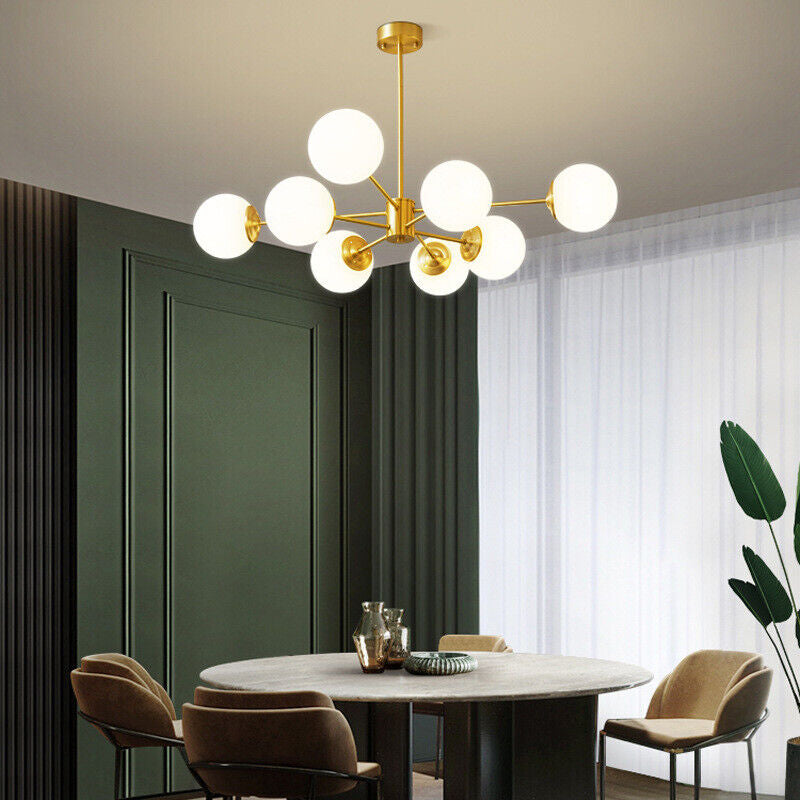 Large 8-Light Modern Brass Sputnik Chandelier Opal Globe Lamp