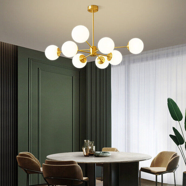 Large 8-Light Modern Brass Sputnik Chandelier Opal Globe Lamp