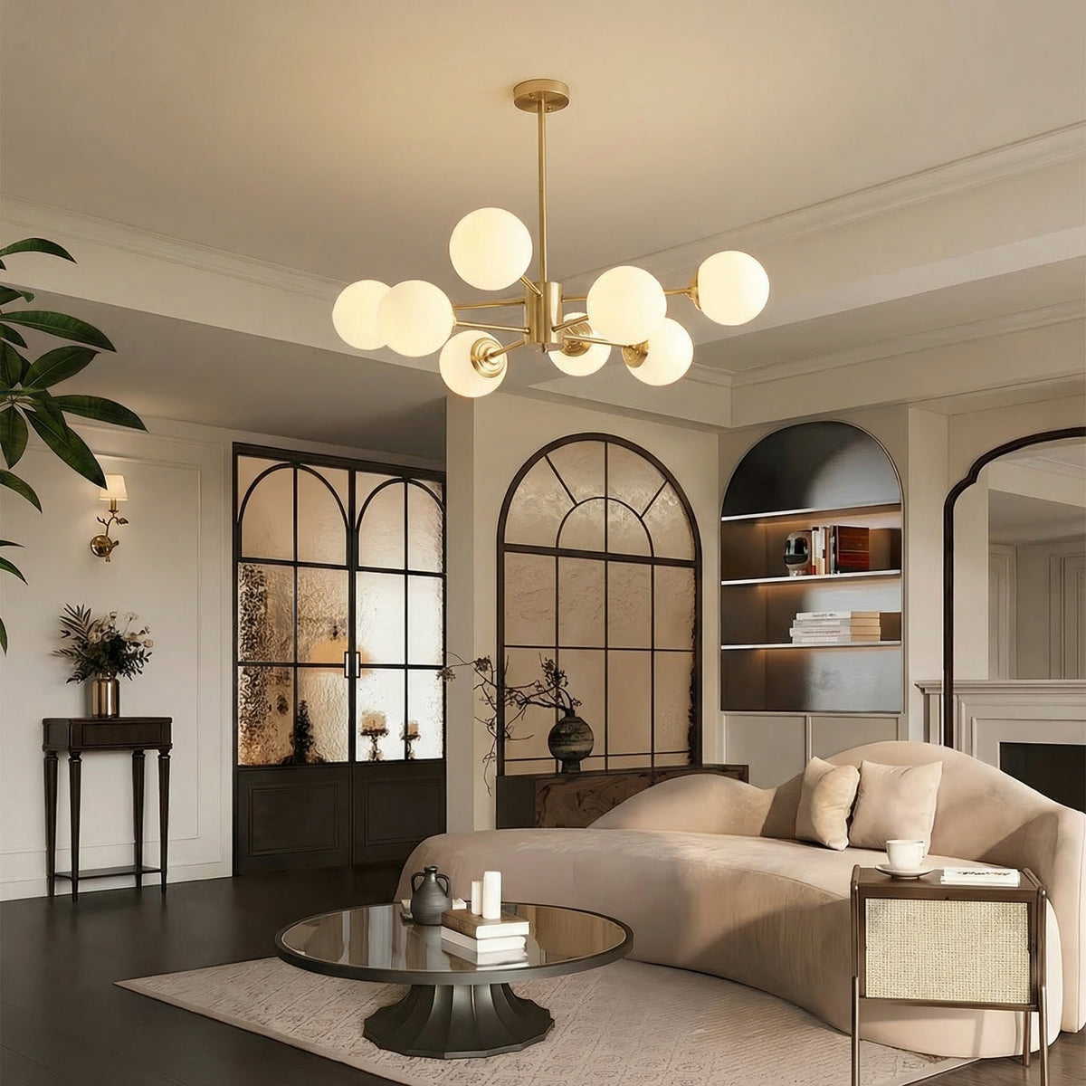 Large 8-Light Modern Brass Sputnik Chandelier Opal Globe Lamp
