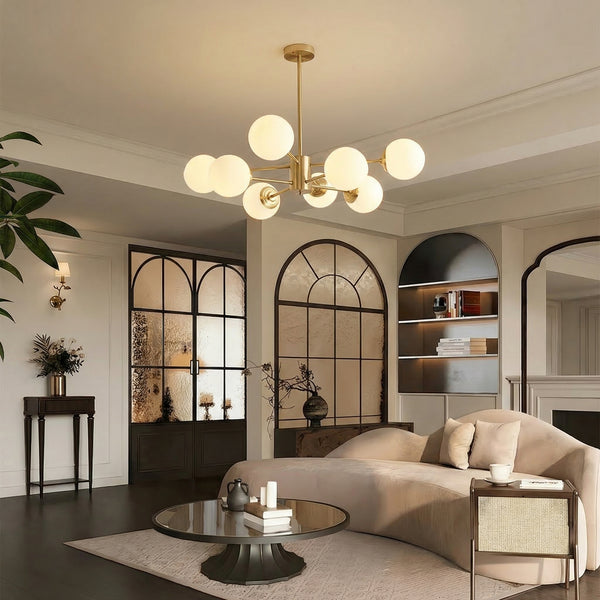 Large 8-Light Modern Brass Sputnik Chandelier Opal Globe Lamp
