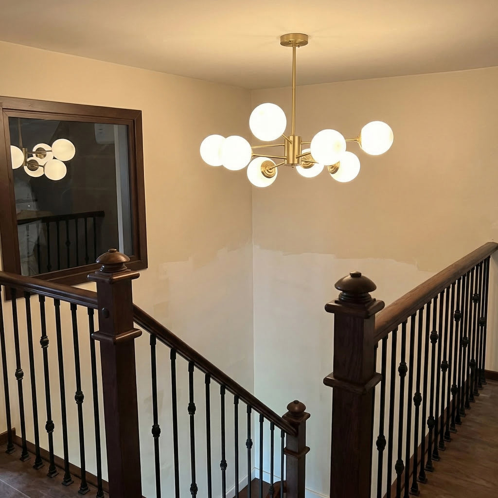 Large 8-Light Modern Brass Sputnik Chandelier Opal Globe Lamp