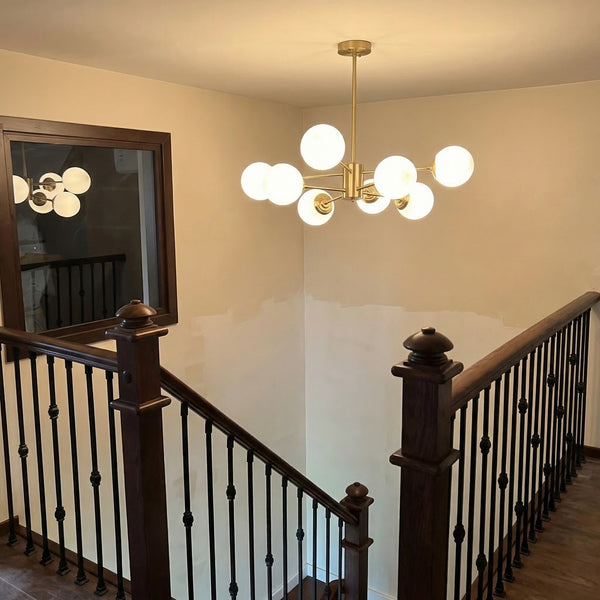 Large 8-Light Modern Brass Sputnik Chandelier Opal Globe Lamp