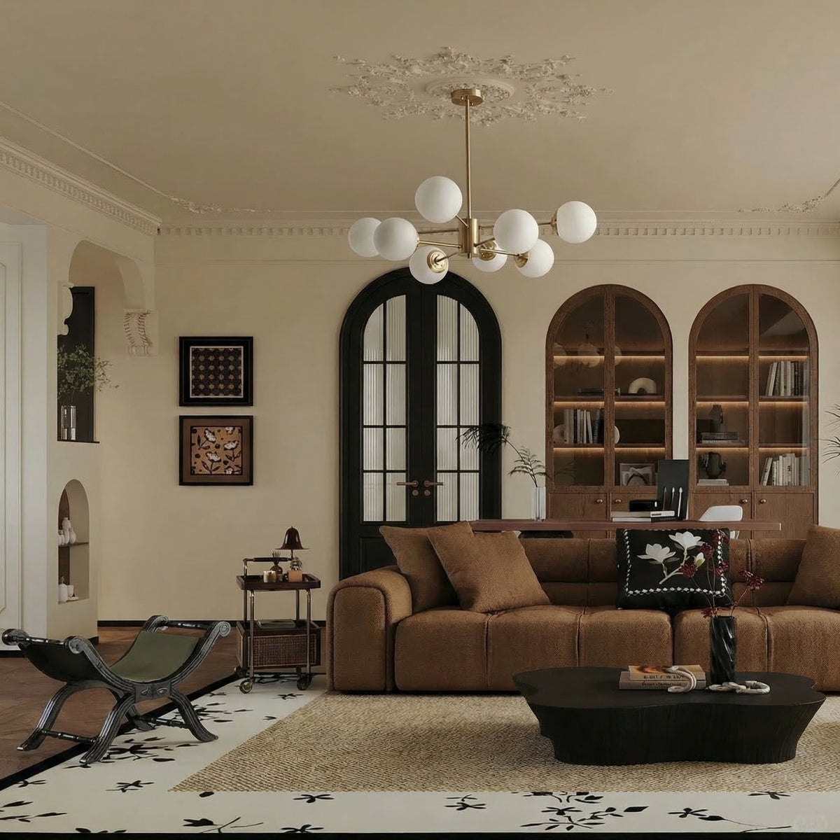 Large 8-Light Modern Brass Sputnik Chandelier Opal Globe Lamp