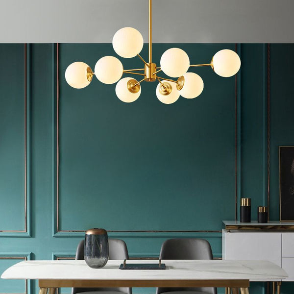 Large 8-Light Modern Brass Sputnik Chandelier Opal Globe Lamp