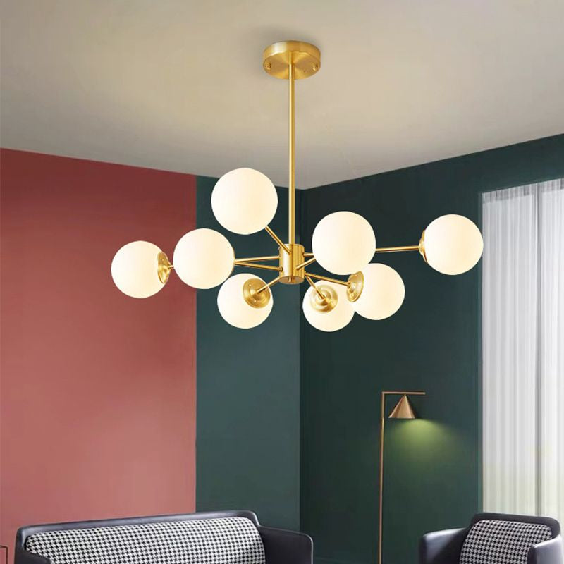 Large 8-Light Modern Brass Sputnik Chandelier Opal Globe Lamp
