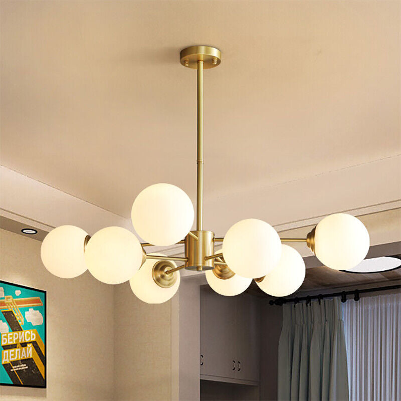 Large 8-Light Modern Brass Sputnik Chandelier Opal Globe Lamp