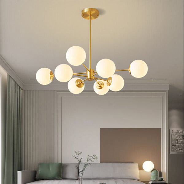 Large 8-Light Modern Brass Sputnik Chandelier Opal Globe Lamp