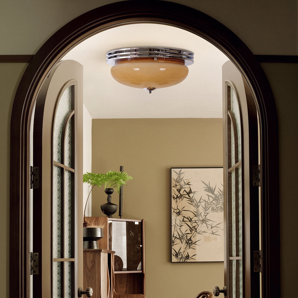 Mid-Century Bauhaus Chrome Flush Mount Light Amber Glass Bowl