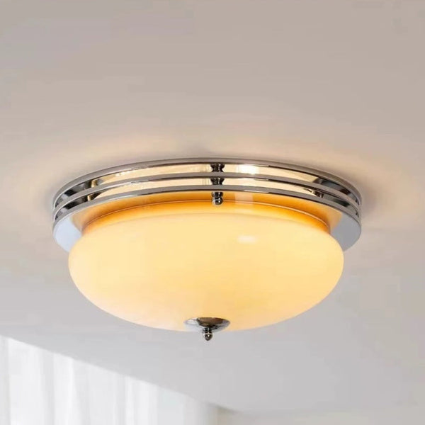 Mid-Century Bauhaus Chrome Flush Mount Light Amber Glass Bowl