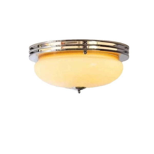 Mid-Century Bauhaus Chrome Flush Mount Light Amber Glass Bowl
