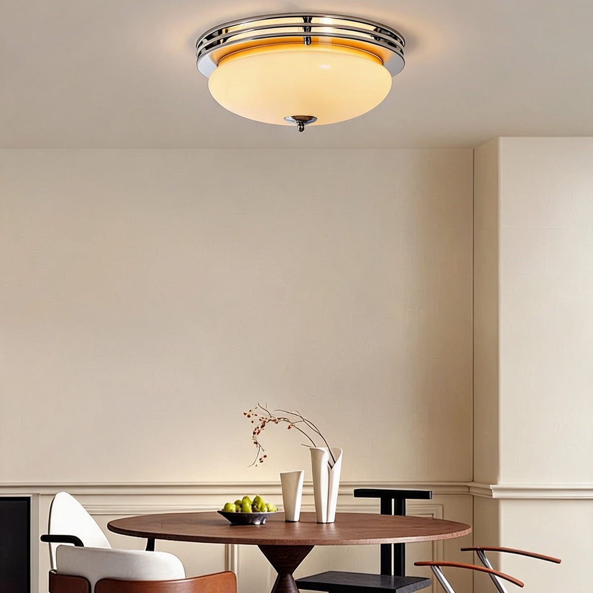 Mid-Century Bauhaus Chrome Flush Mount Light Amber Glass Bowl
