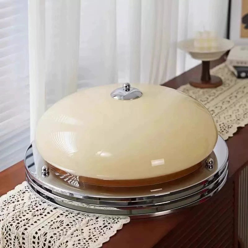 Mid-Century Bauhaus Chrome Flush Mount Light Amber Glass Bowl