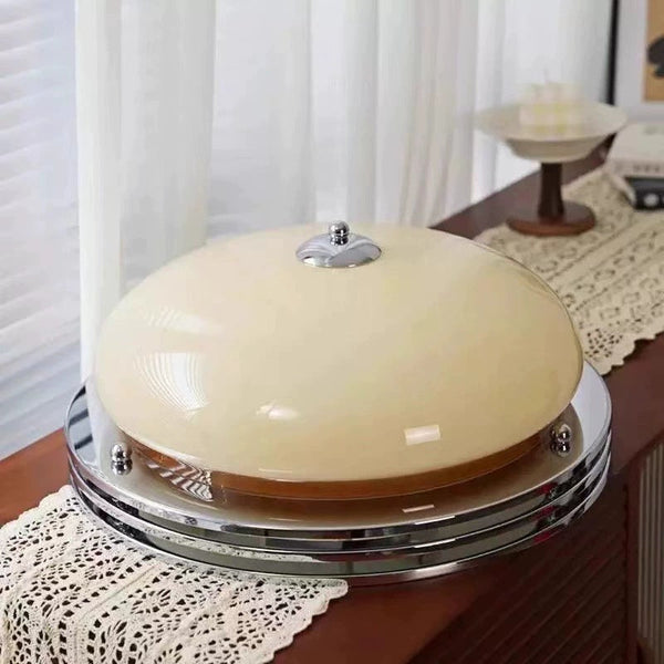 Mid-Century Bauhaus Chrome Flush Mount Light Amber Glass Bowl