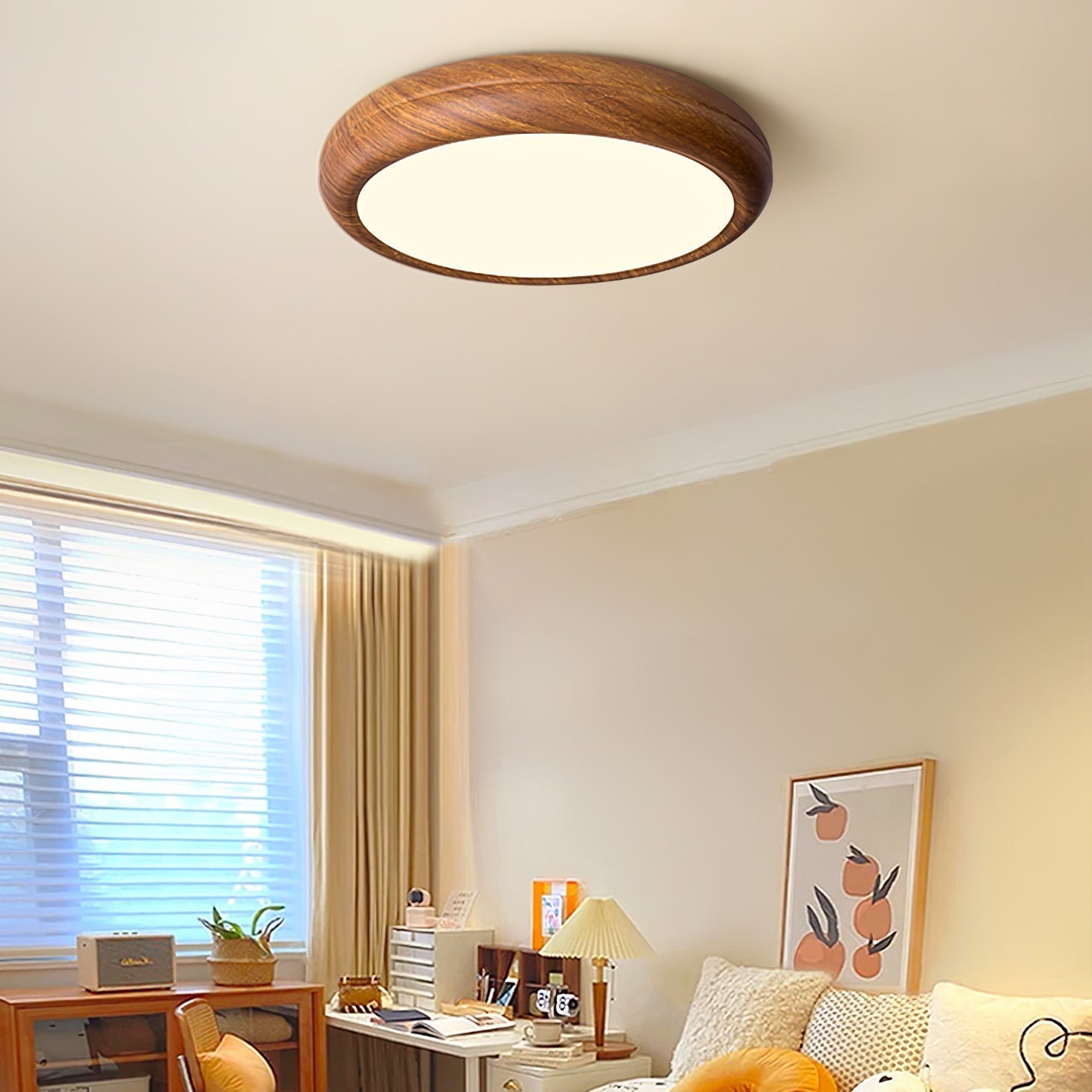 Wood Grain Round Living Room Ceiling Lamp Low-Profile Flush Mount Secondary image