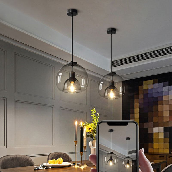 Spherical Glass Pendant Light Double-Layer Smoke & Amber Globe Lamp