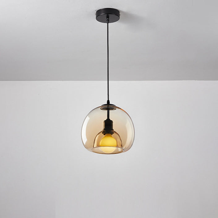Spherical Glass Pendant Light Double-Layer Smoke & Amber Globe Lamp