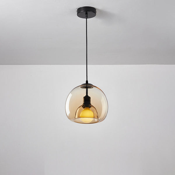 Spherical Glass Pendant Light Double-Layer Smoke & Amber Globe Lamp