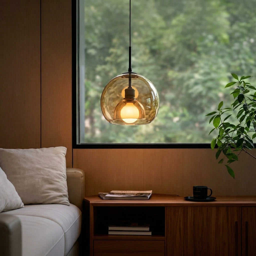 Spherical Glass Pendant Light Double-Layer Smoke & Amber Globe Lamp