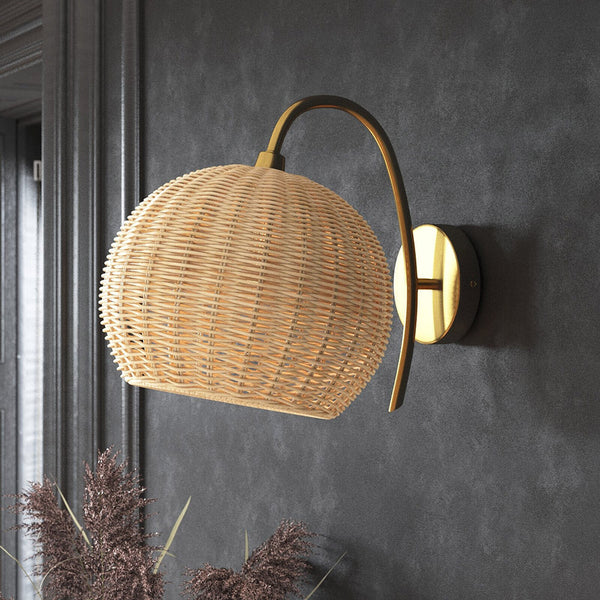 Rattan Lantern Wall Sconce Handwoven Boho Hanging Light