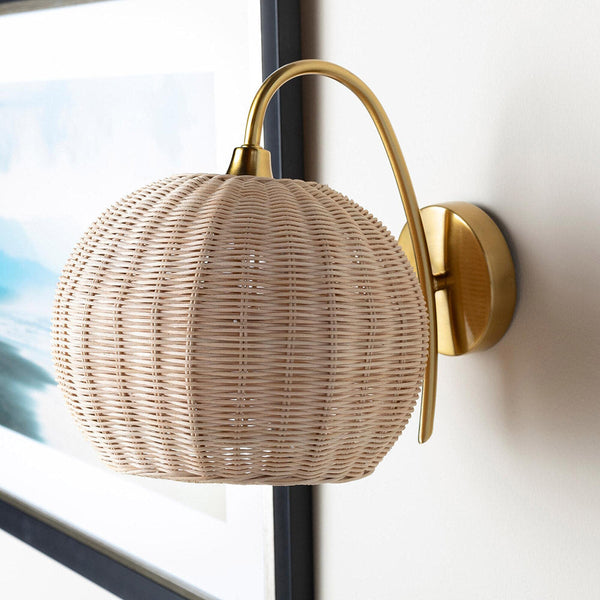 Rattan Lantern Wall Sconce Handwoven Boho Hanging Light