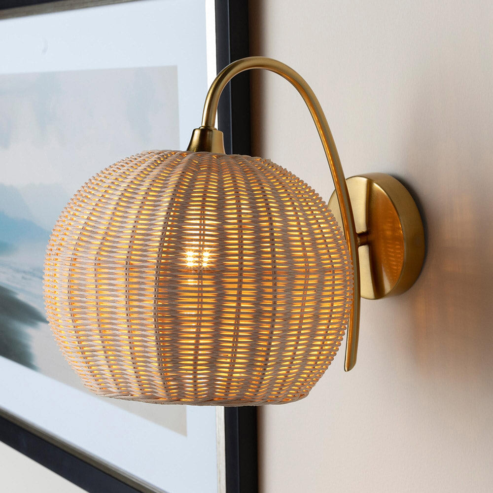 Rattan Lantern Wall Sconce Handwoven Boho Hanging Light