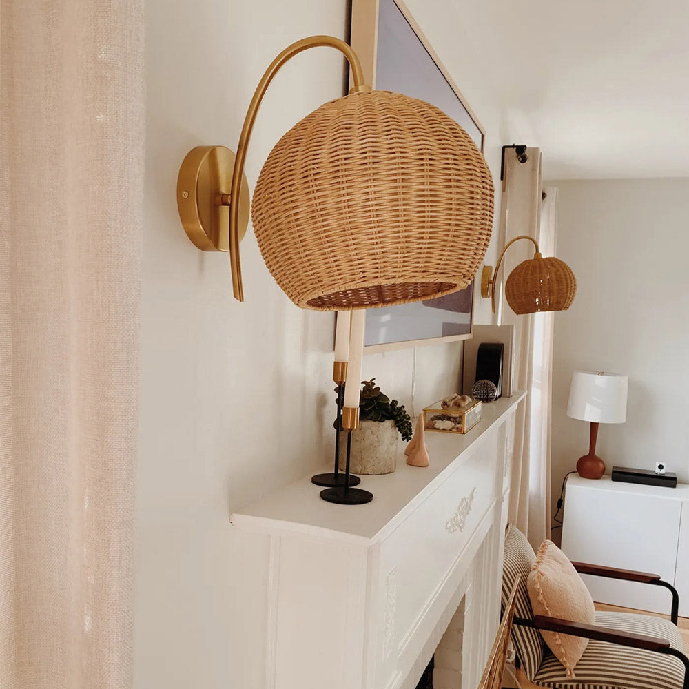 Rattan Lantern Wall Sconce Handwoven Boho Hanging Light Main image