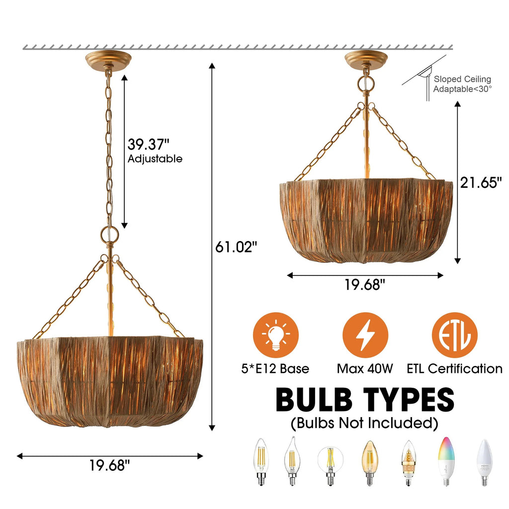 Organic Boho 5-Light Dimmable Bowl Chandelier Wabi-sabi Pendant Light