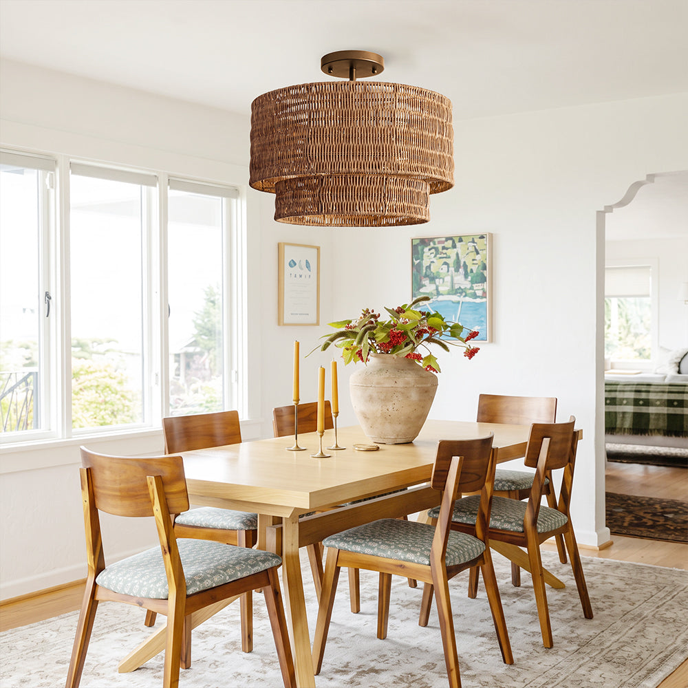 Wicker Rattan Double Drum Ceiling Light Semi Flush Mount Main image