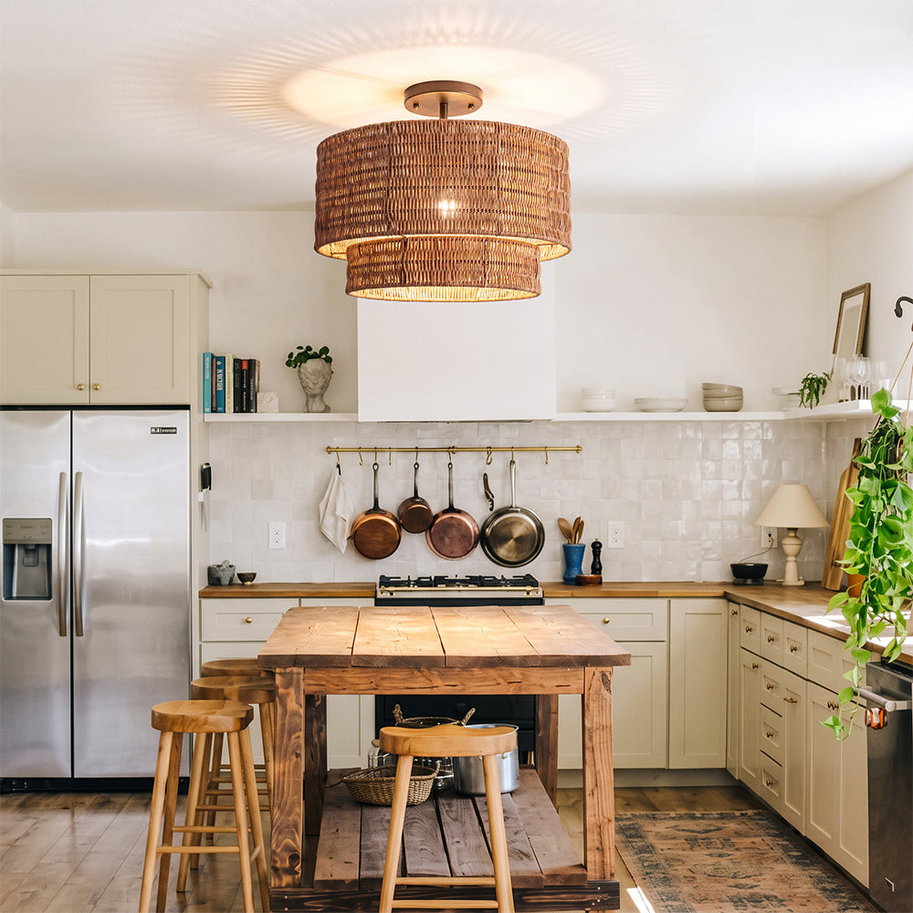 Wicker Rattan Double Drum Ceiling Light Semi Flush Mount