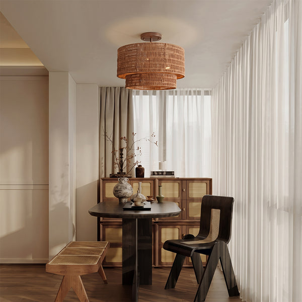 Wicker Rattan Double Drum Ceiling Light Semi Flush Mount