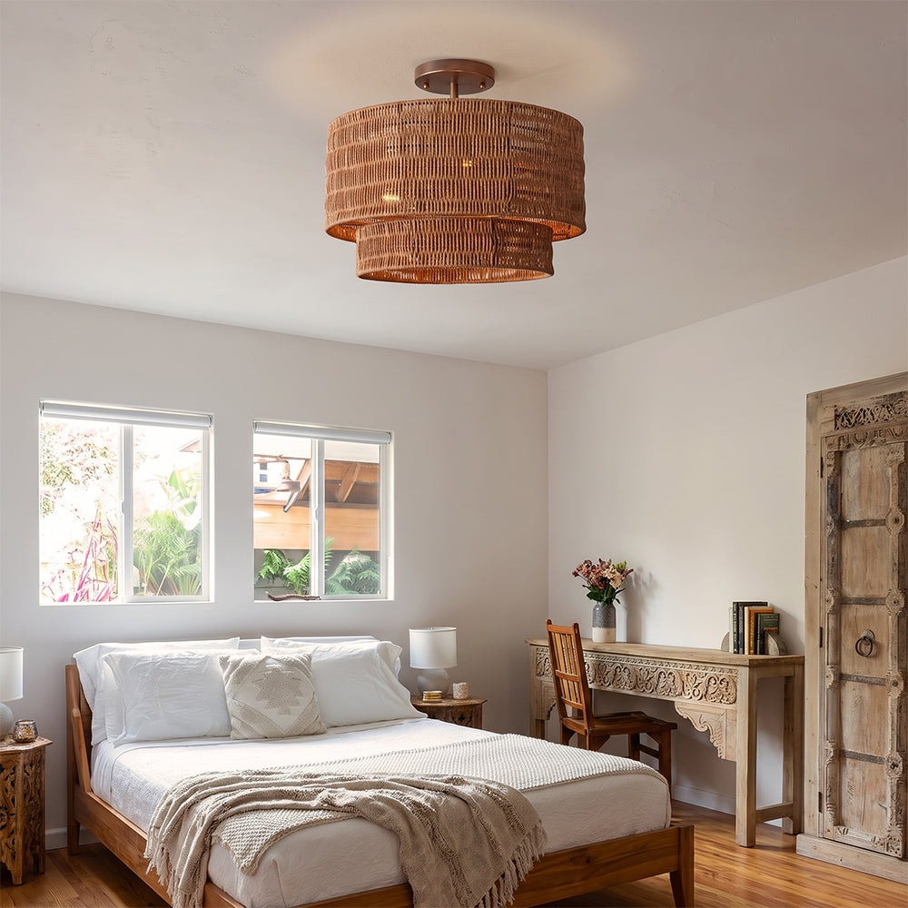 Wicker Rattan Double Drum Ceiling Light Semi Flush Mount