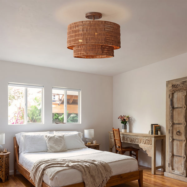 Wicker Rattan Double Drum Ceiling Light Semi Flush Mount