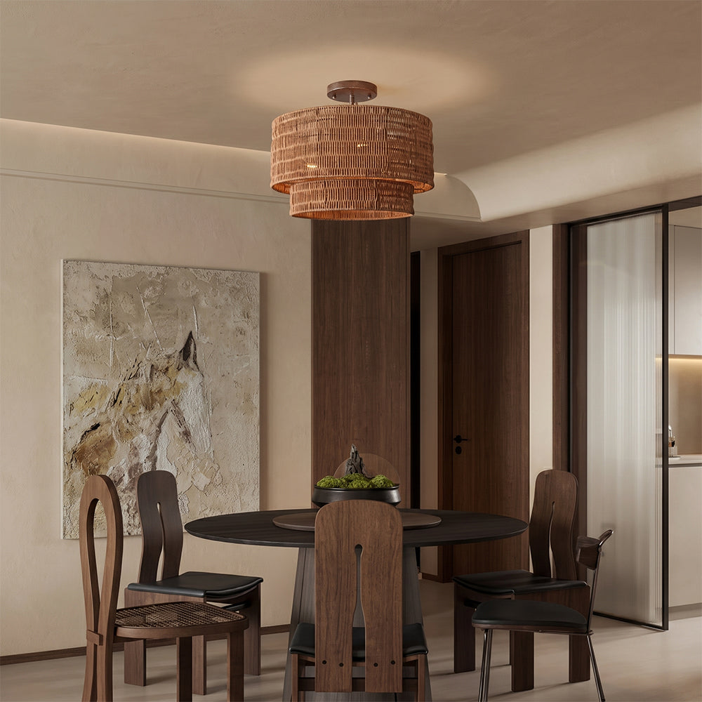 Wicker Rattan Double Drum Ceiling Light Semi Flush Mount