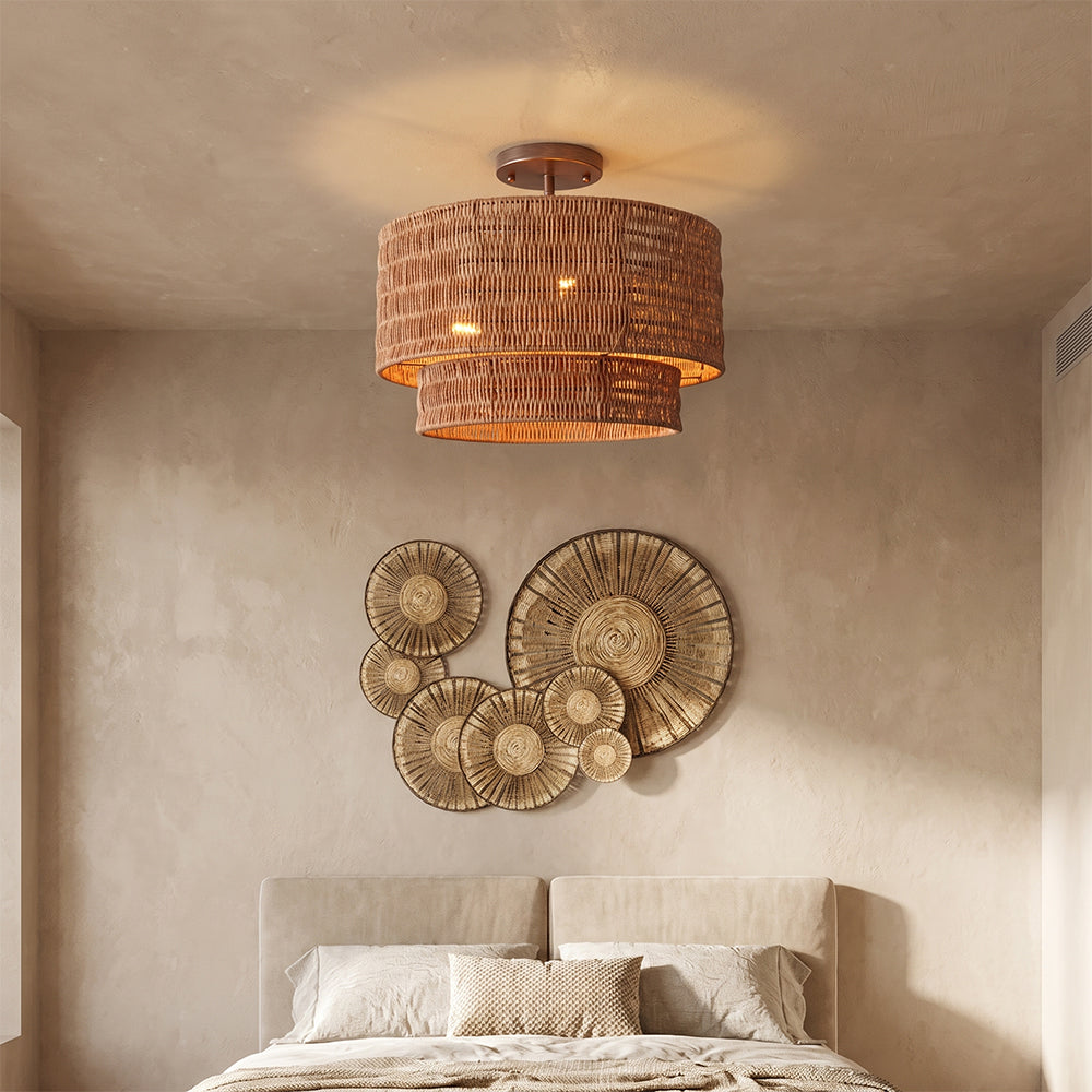 Wicker Rattan Double Drum Ceiling Light Semi Flush Mount