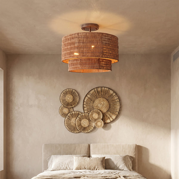 Wicker Rattan Double Drum Ceiling Light Semi Flush Mount