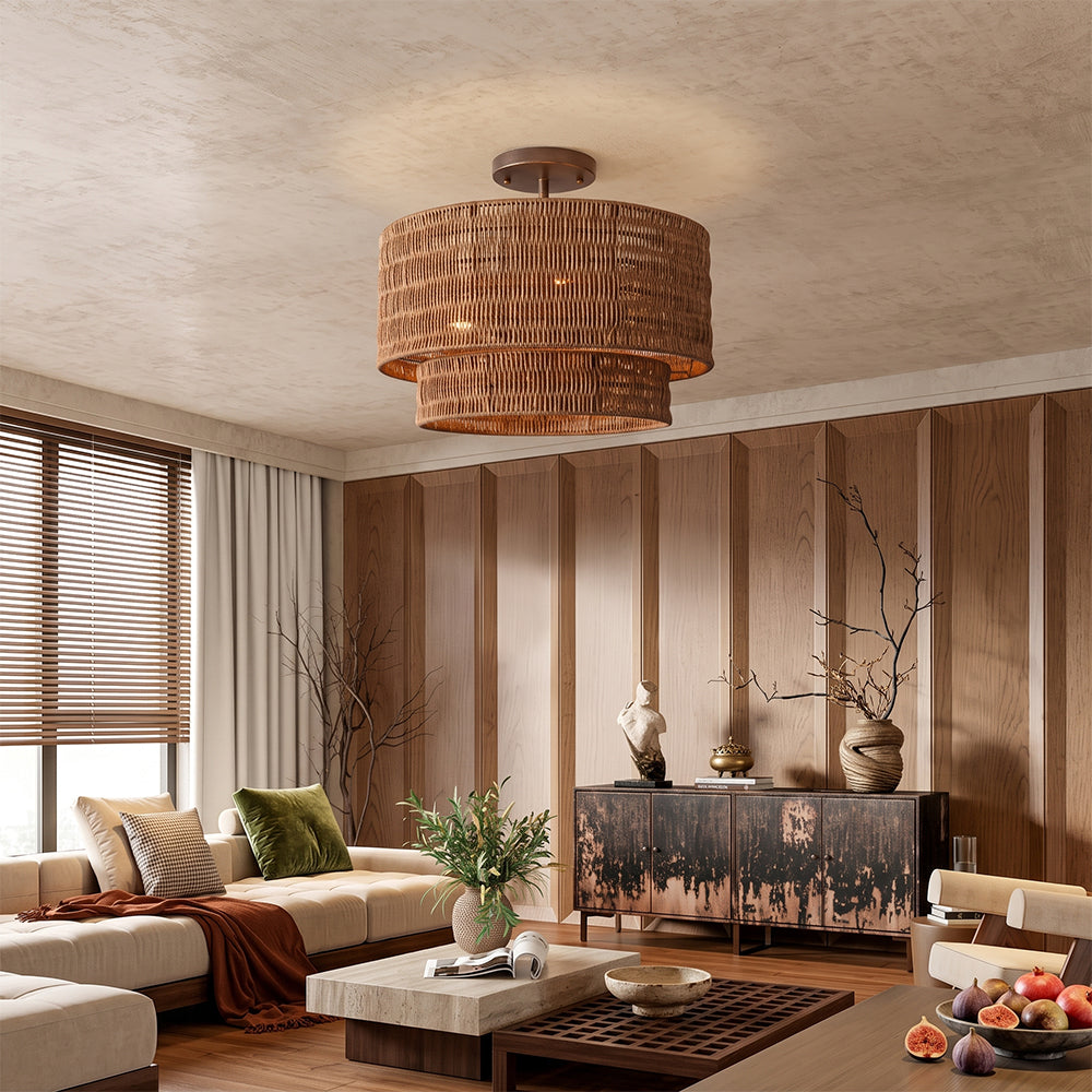Wicker Rattan Double Drum Ceiling Light Semi Flush Mount