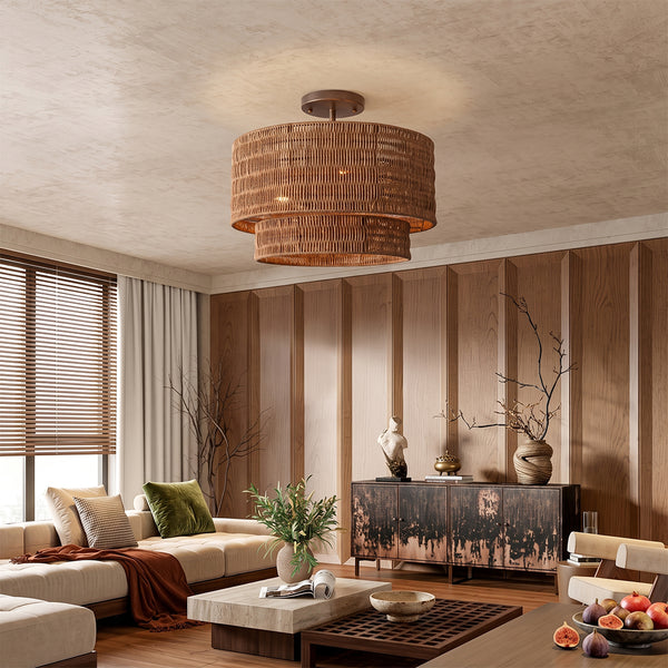 Wicker Rattan Double Drum Ceiling Light Semi Flush Mount
