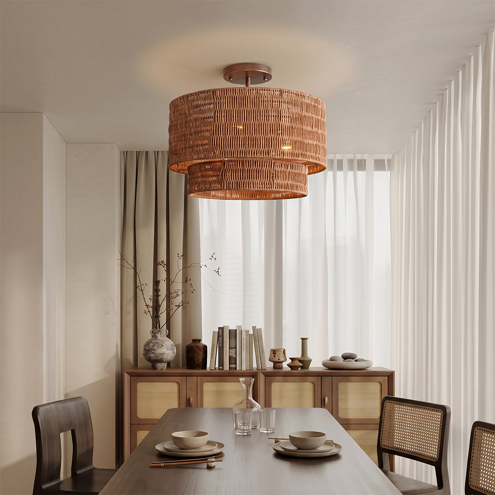 Wicker Rattan Double Drum Ceiling Light Semi Flush Mount