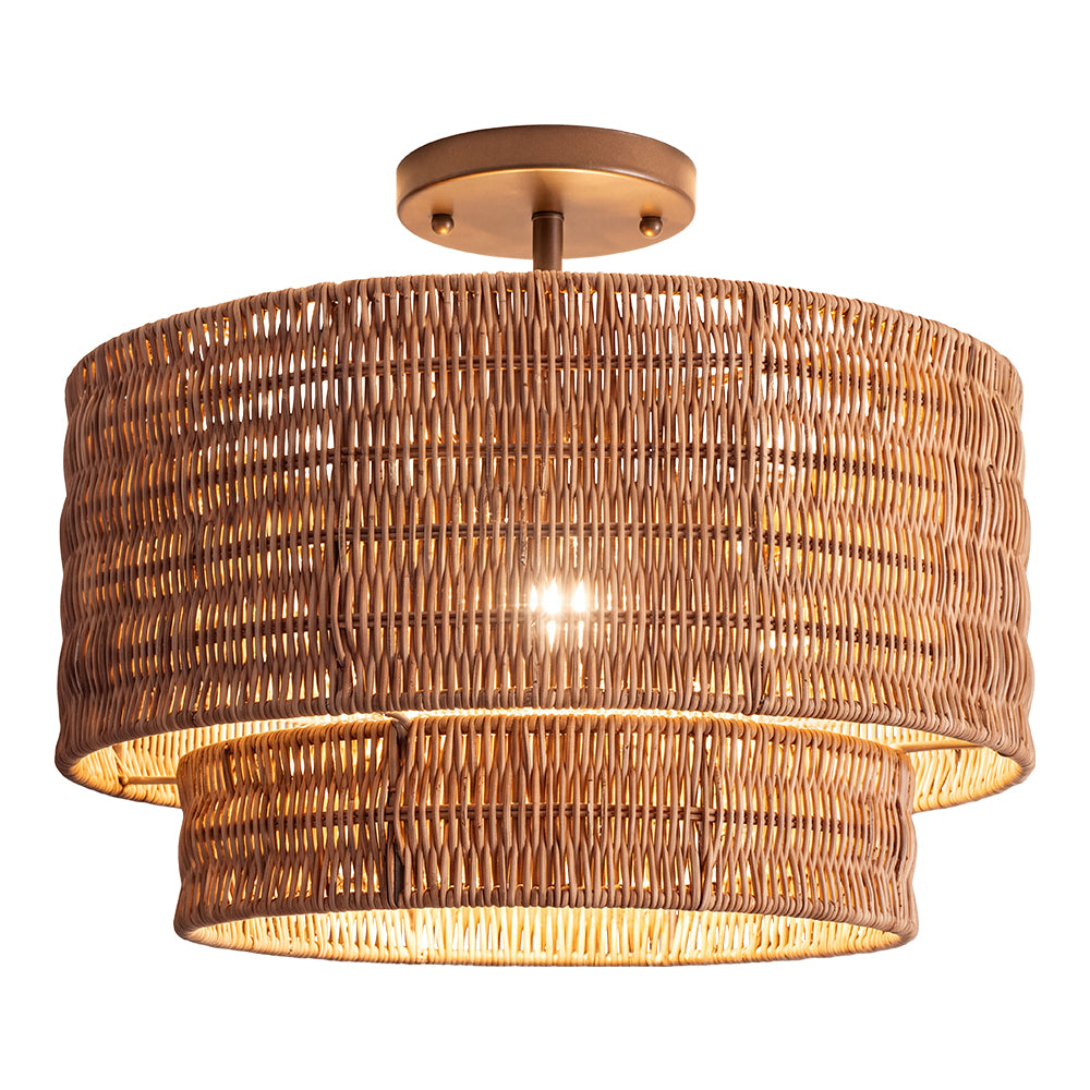 Wicker Rattan Double Drum Ceiling Light Semi Flush Mount