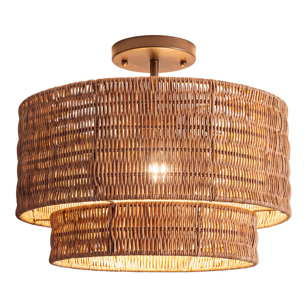 Wicker Rattan Double Drum Ceiling Light Semi Flush Mount