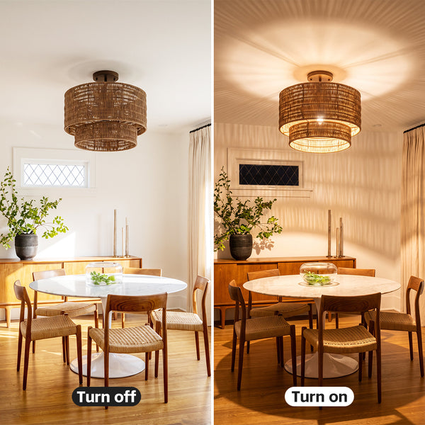 Wicker Rattan Double Drum Ceiling Light Semi Flush Mount