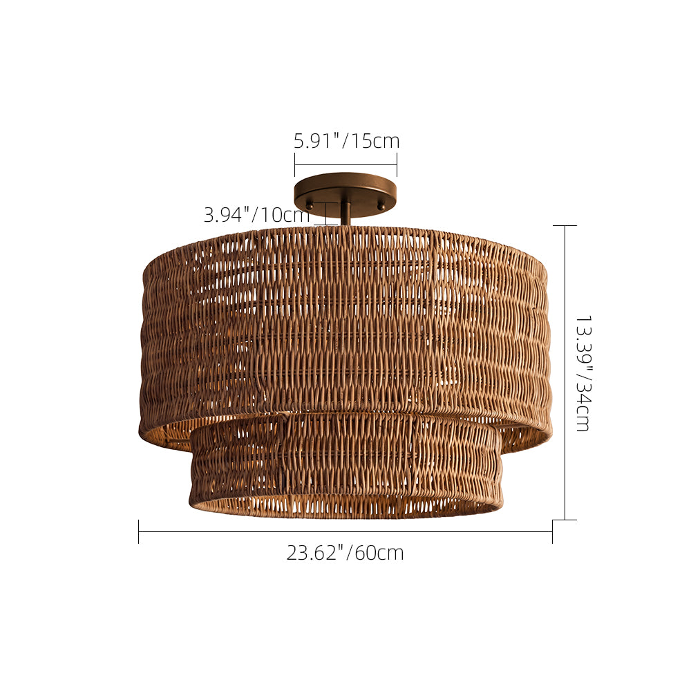 Wicker Rattan Double Drum Ceiling Light Semi Flush Mount