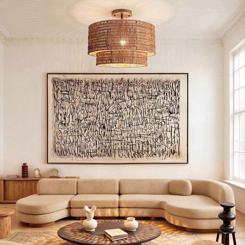 Wicker Rattan Double Drum Ceiling Light Semi Flush Mount