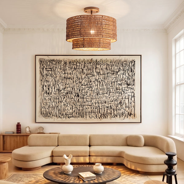 Wicker Rattan Double Drum Ceiling Light Semi Flush Mount